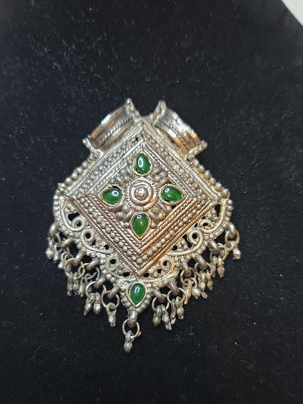 Handcrafted Silver-Tone Pendant with Green Accents